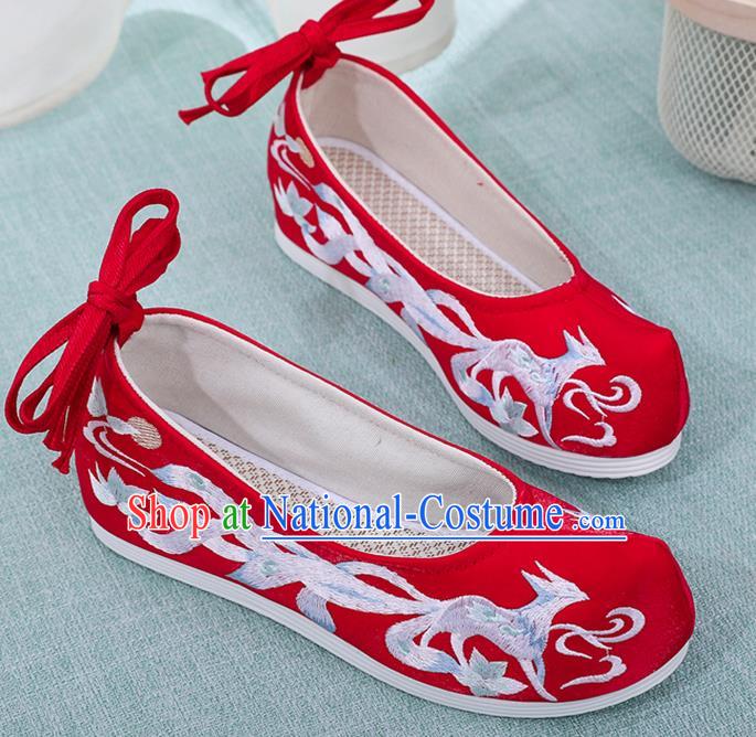 China Ancient Fairy Princess Shoes Classical Hanfu Red Cloth Shoes Wedding Embroidered Nine Tail Fox Shoes