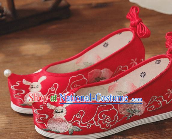 China Handmade Wedding Red Cloth Bow Shoes Folk Dance Shoes Embroidered Peach Shoes