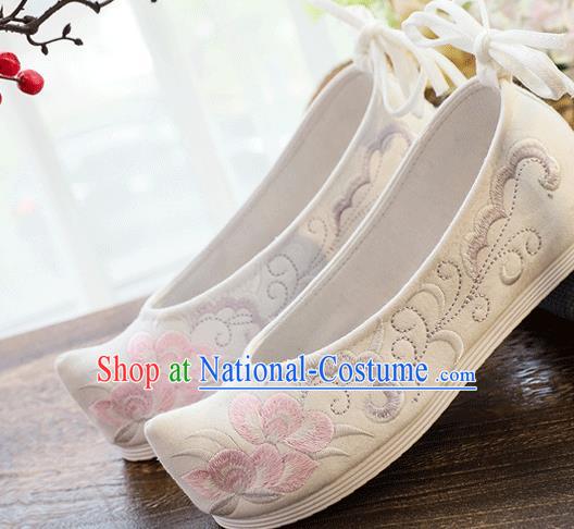 China Embroidered White Cloth Bow Shoes Traditional Hanfu Shoes Handmade Folk Dance Shoes