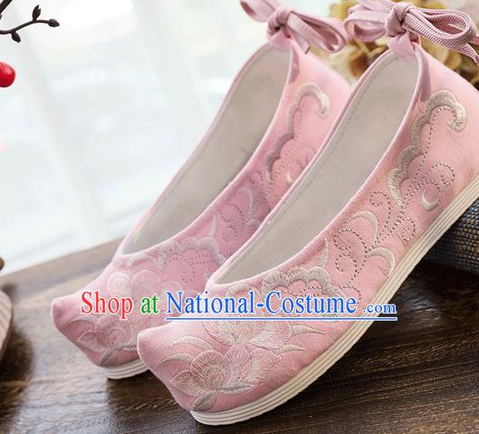 China Traditional Hanfu Shoes Handmade Folk Dance Shoes Embroidered Pink Cloth Bow Shoes