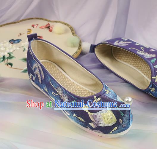 China Handmade Ming Dynasty Bow Shoes Ancient Princess Embroidered Shoes Traditional Hanfu Purple Satin Shoes