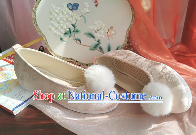 China Ancient Princess Shoes Traditional Hanfu Shoes Handmade Ming Dynasty Champagne Satin Shoes