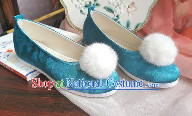 China Traditional Hanfu Shoes Handmade Ming Dynasty Blue Satin Shoes Ancient Princess Shoes