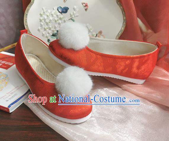 China Traditional Hanfu Shoes Handmade Ancient Jin Dynasty Princess Shoes Red Satin Shoes