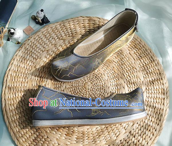 Chinese Traditional Embroidered Shoes Grey Cloth Shoes Ancient Swordsman Shoes