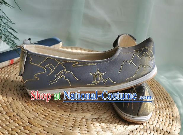 Chinese Traditional Embroidered Shoes Grey Cloth Shoes Ancient Swordsman Shoes