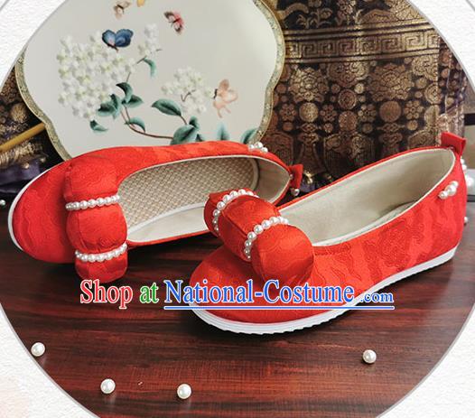 China Traditional Hanfu Pearls Shoes Handmade Ancient Jin Dynasty Princess Shoes Wedding Red Satin Shoes