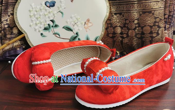 China Traditional Hanfu Pearls Shoes Handmade Ancient Jin Dynasty Princess Shoes Wedding Red Satin Shoes