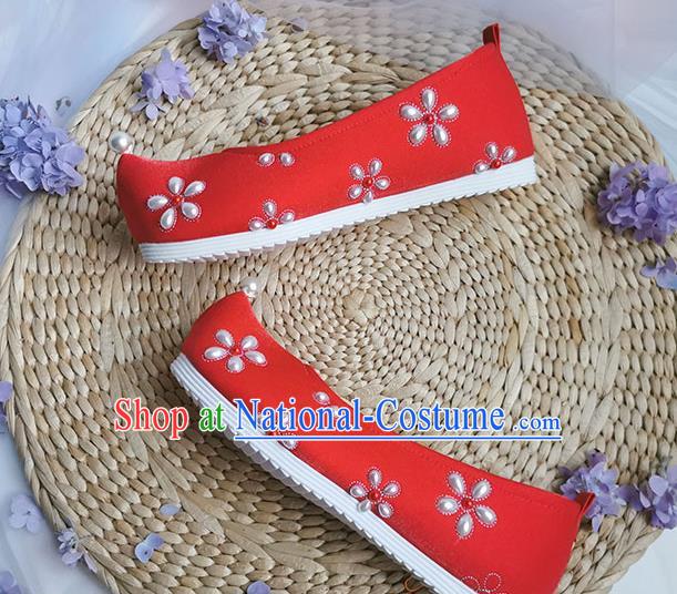 China Handmade Wedding Red Cloth Shoes Traditional Song Dynasty Pearls Shoes Ancient Princess Shoes