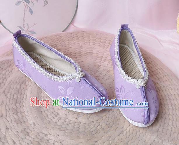 China Ancient Palace Lady Shoes Classical Violet Cloth Shoes Traditional Song Dynasty Hanfu Shoes