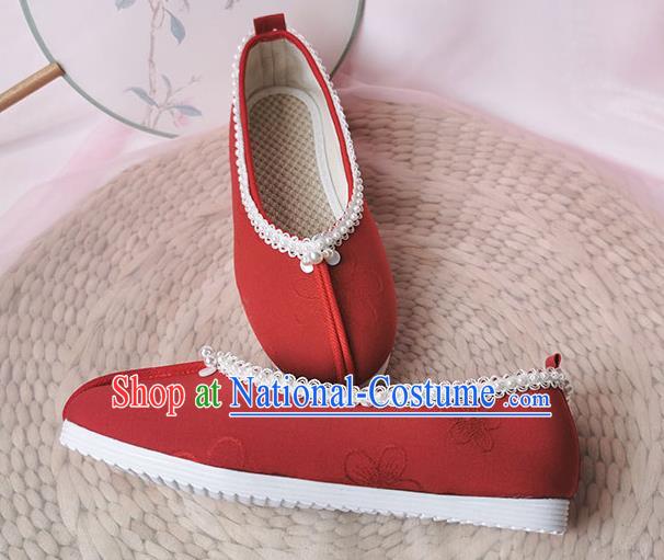 China Ancient Princess Shoes Classical Dark Red Cloth Shoes Traditional Song Dynasty Hanfu Pearls Shoes