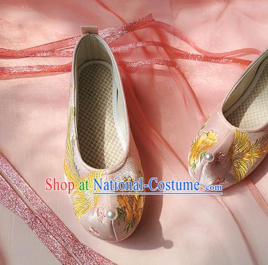 China Classical Embroidered Phoenix Shoes Traditional Ming Dynasty Hanfu Shoes Ancient Princess Pink Shoes