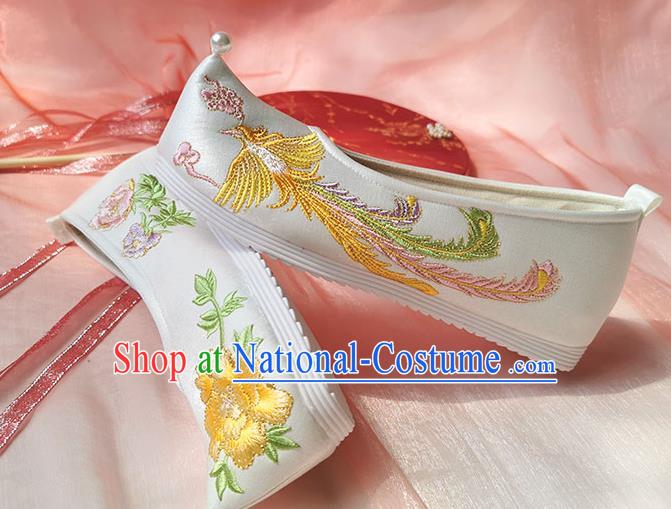 China Traditional Ming Dynasty Hanfu Shoes Ancient Princess White Shoes Classical Embroidered Phoenix Shoes