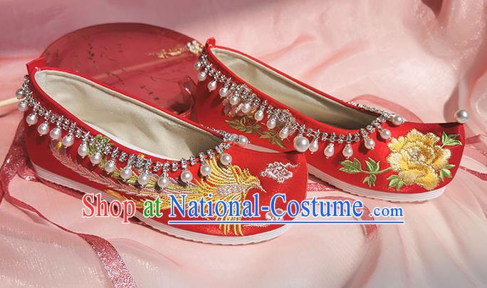 China Traditional Wedding Shoes Ancient Princess Red Cloth Shoes Classical Beads Tassel Shoes Embroidered Phoenix Shoes