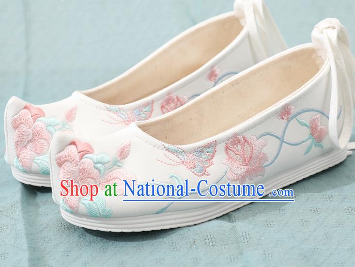 China Ming Dynasty Young Lady Shoes Traditional Hanfu Bow Shoes Embroidery Peony White Cloth Shoes