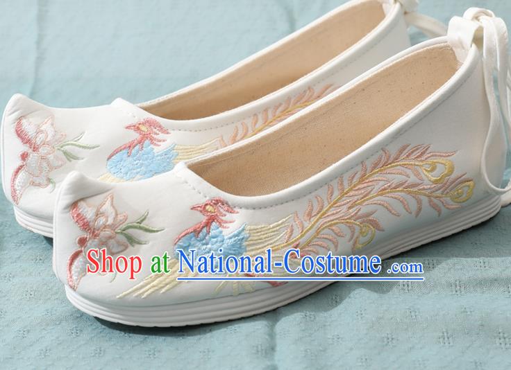 China Traditional Hanfu Bow Shoes Embroidery Phoenix White Cloth Shoes Ming Dynasty Young Lady Shoes