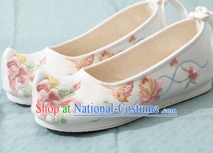 China Ancient Ming Dynasty Princess Shoes Traditional Hanfu Bow Shoes Embroidery Peony Butterfly Shoes