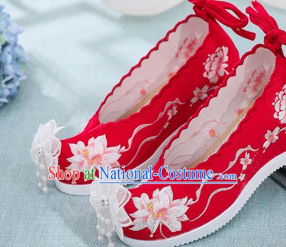 China National Wedding Red Cloth Shoes Traditional Hanfu Embroidered Shoes Handmade Lace Flower Wedge Shoes