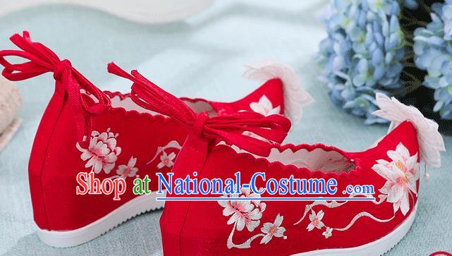 China National Wedding Red Cloth Shoes Traditional Hanfu Embroidered Shoes Handmade Lace Flower Wedge Shoes