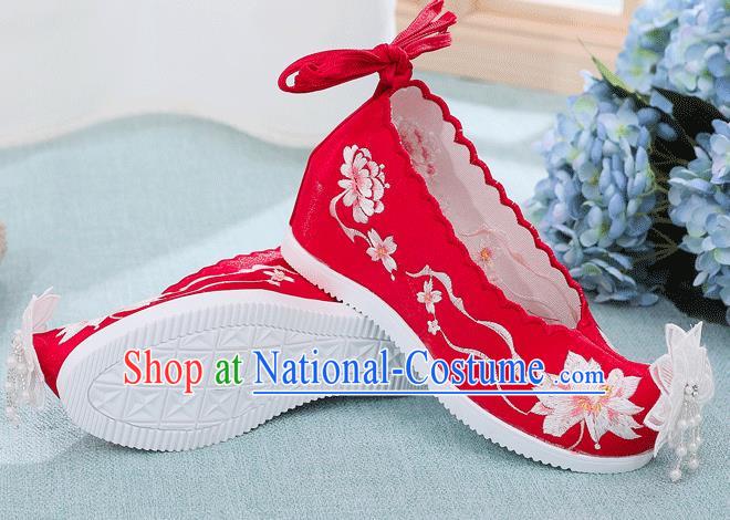 China National Wedding Red Cloth Shoes Traditional Hanfu Embroidered Shoes Handmade Lace Flower Wedge Shoes