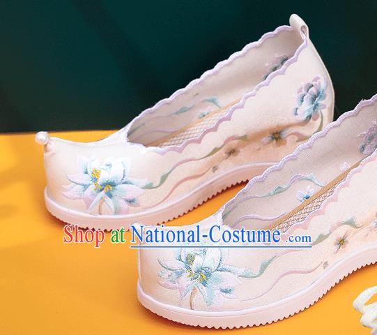 China National Folk Dance Shoes Traditional Hanfu Embroidered White Cloth Shoes Handmade Woman Wedge Shoes