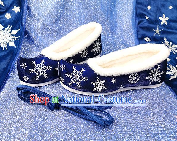 China Traditional Hanfu Embroidered Snowflake Shoes Ancient Princess Shoes Classical Royalblue Cloth Shoes