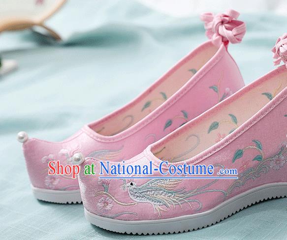 China Traditional Hanfu Embroidered Phoenix Pink Cloth Shoes Handmade Folk Dance Wedge Shoes National Woman Shoes