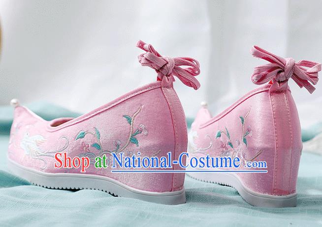 China Traditional Hanfu Embroidered Phoenix Pink Cloth Shoes Handmade Folk Dance Wedge Shoes National Woman Shoes