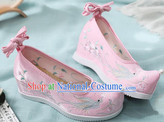 China Traditional Hanfu Embroidered Phoenix Pink Cloth Shoes Handmade Folk Dance Wedge Shoes National Woman Shoes