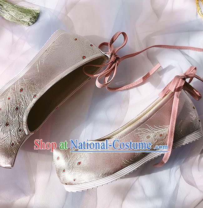 China Classical Pink Brocade Shoes Traditional Hanfu Embroidered Peacock Feather Shoes Ancient Princess Shoes