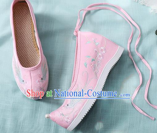 China Traditional Hanfu Embroidered Phoenix Pink Cloth Shoes Handmade Folk Dance Wedge Shoes National Woman Shoes