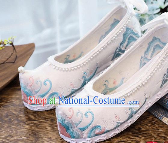 China Handmade Folk Dance Pearls Shoes National Woman White Shoes Traditional Hanfu Embroidered Wave Shoes