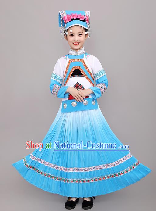 Chinese Bouyei Nationality Children Performance Costumes Guizhou Puyi Ethnic Folk Dance Blue Dress Clothing