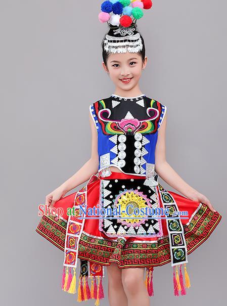 Chinese Tujia Nationality Children Performance Costumes Guizhou Ethnic Folk Dance Outfits