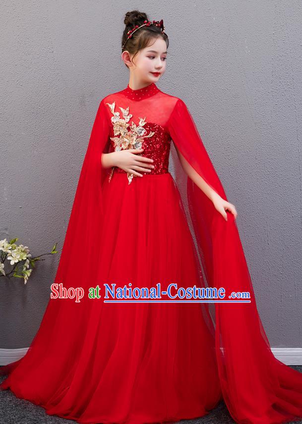 Top Grade Children Catwalks Costume Girl Compere Red Veil Dress Stage Performance Fashion