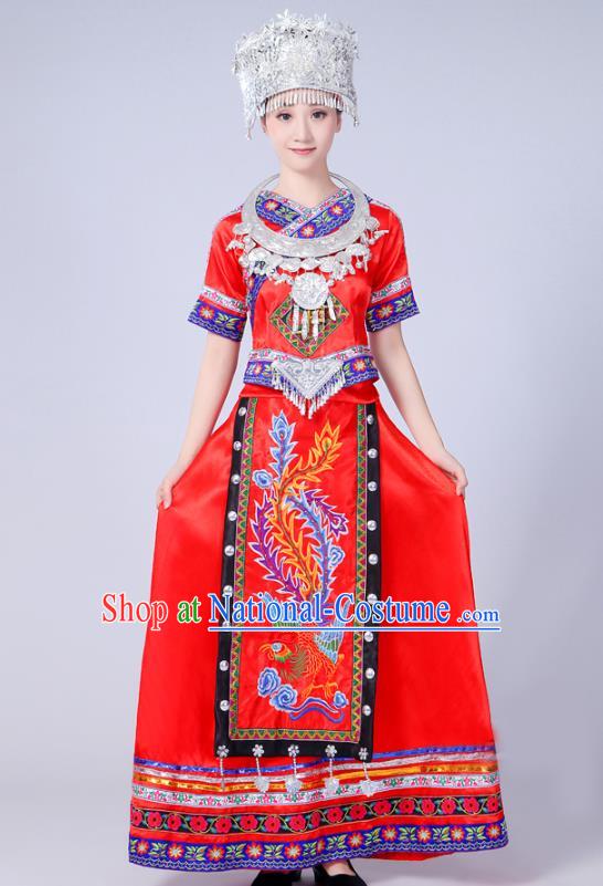 China Yao Nationality Clothing Miao Minority Folk Dance Outfits Ethnic Stage Performance Red Dress and Headwear