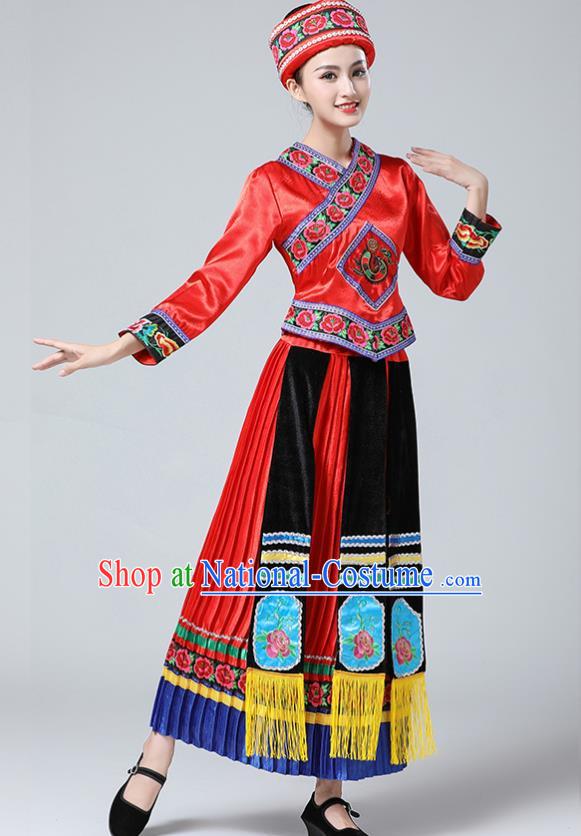 China Yi Minority Folk Dance Outfits Ethnic Stage Performance Red Dress Tujia Nationality Clothing and Hat