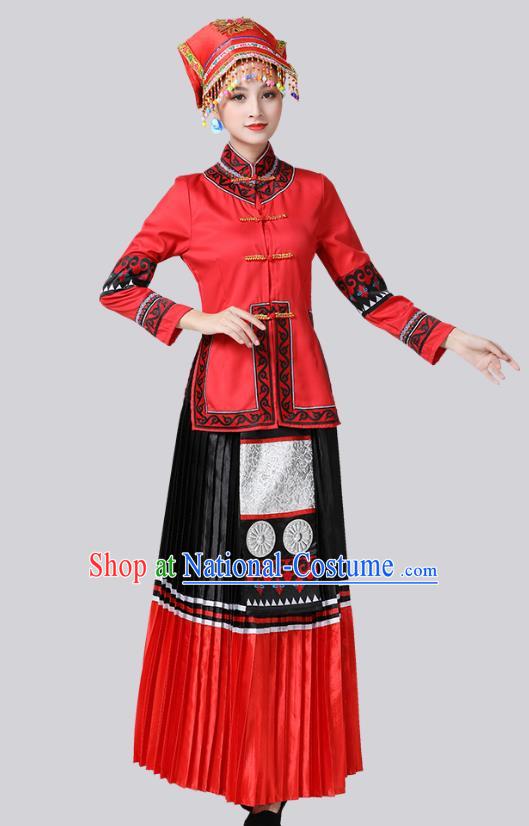 China Yi Nationality Clothing Yunnan Minority Folk Dance Outfits Ethnic Stage Performance Red Dress and Headdress