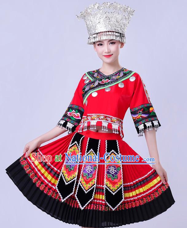 China Miao Nationality Performance Clothing Xiangxi Minority Folk Dance Outfits Hmong Ethnic Red Short Dress and Headwear