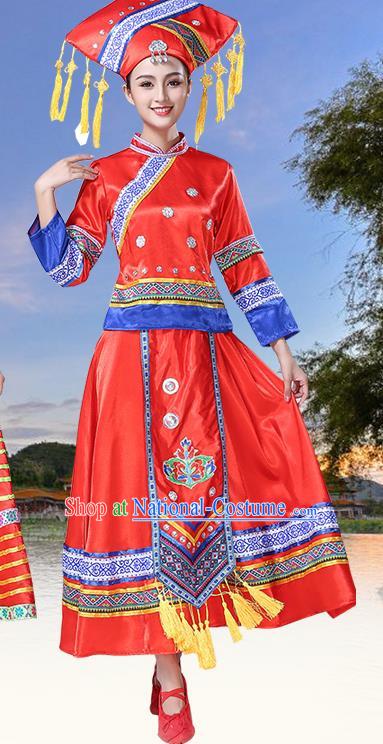 China Ethnic Performance Red Dress Zhuang Nationality Clothing Yunnan Minority Folk Dance Outfits and Hat