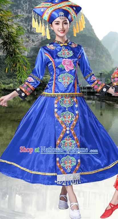 China Yunnan Tujia Minority Folk Dance Outfits Ethnic Performance Royalblue Dress Yi Nationality Clothing and Headdress