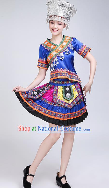 China Hmong Minority Outfits Ethnic Performance Royalblue Dress Miao Nationality Folk Dance Clothing and Headwear