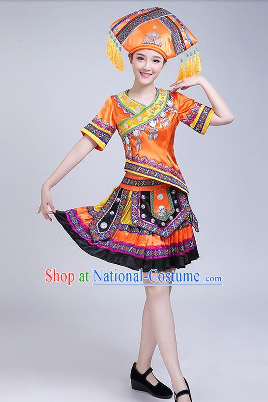 China Zhuang Minority Orange Outfits Guangxi Ethnic Performance Dress Nationality Folk Dance Clothing and Hat