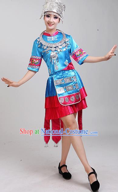 China Yao Minority Blue Outfits Nationality Folk Dance Clothing Tujia Ethnic Performance Dress and Hat