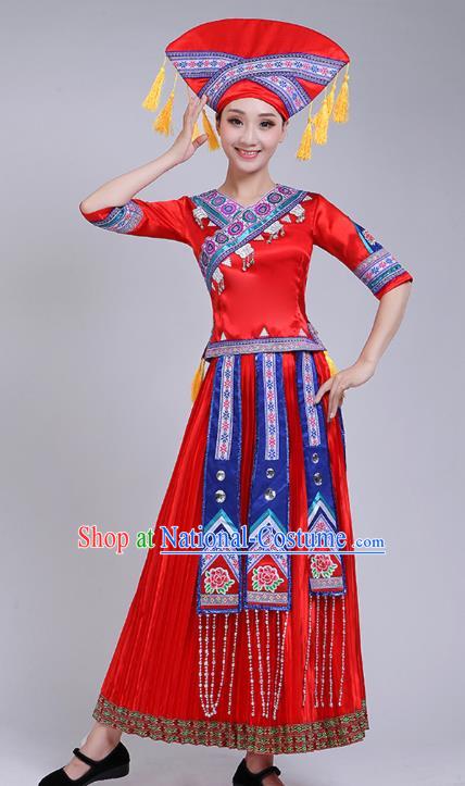 China Zhuang Nationality Clothing Guangxi Ethnic Dance Outfits Minority Performance Red Dress