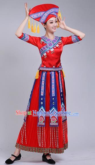 China Zhuang Nationality Clothing Guangxi Ethnic Dance Outfits Minority Performance Red Dress