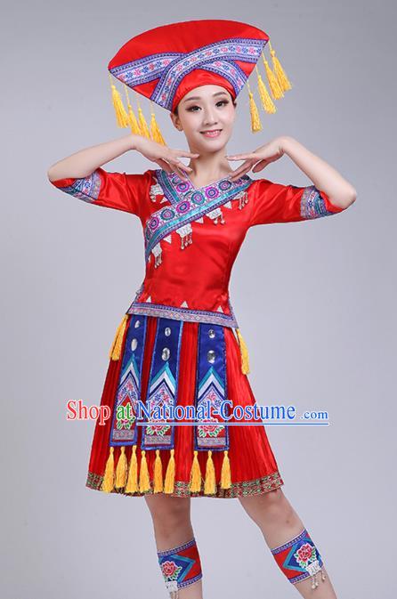 China Zhuang Nationality Woman Clothing Ethnic Folk Dance Outfits Guangxi Minority Performance Red Short Dress