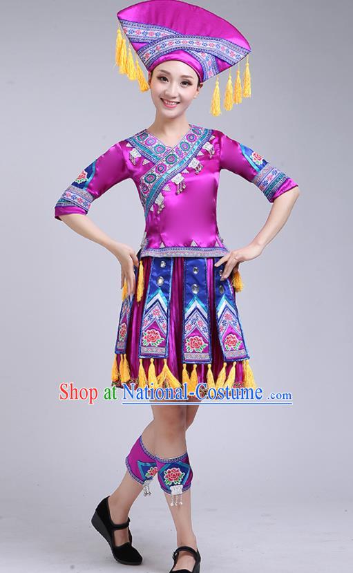 China Ethnic Folk Dance Outfits Guangxi Minority Performance Purple Short Dress Zhuang Nationality Woman Clothing