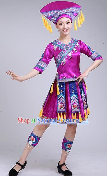 China Ethnic Folk Dance Outfits Guangxi Minority Performance Purple Short Dress Zhuang Nationality Woman Clothing