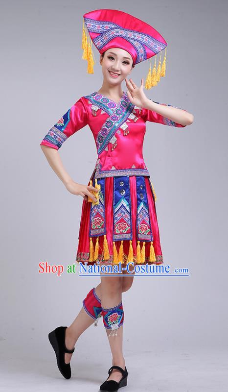 China Guangxi Minority Performance Rosy Short Dress Zhuang Nationality Woman Clothing Ethnic Folk Dance Outfits